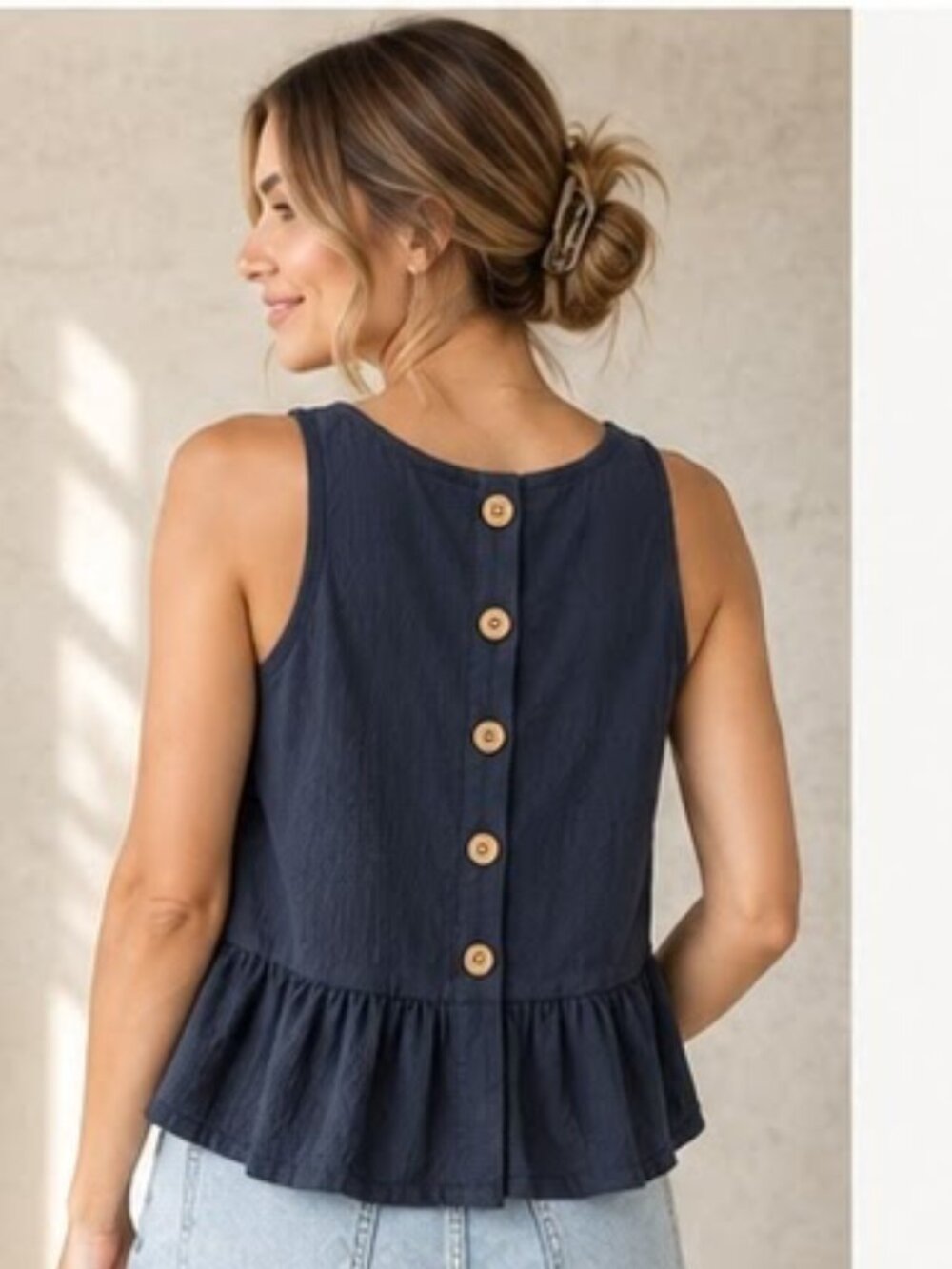 Anrabess Women’s Navy Sleeveless Ruffle Peplum Tank Top Size Large NWT